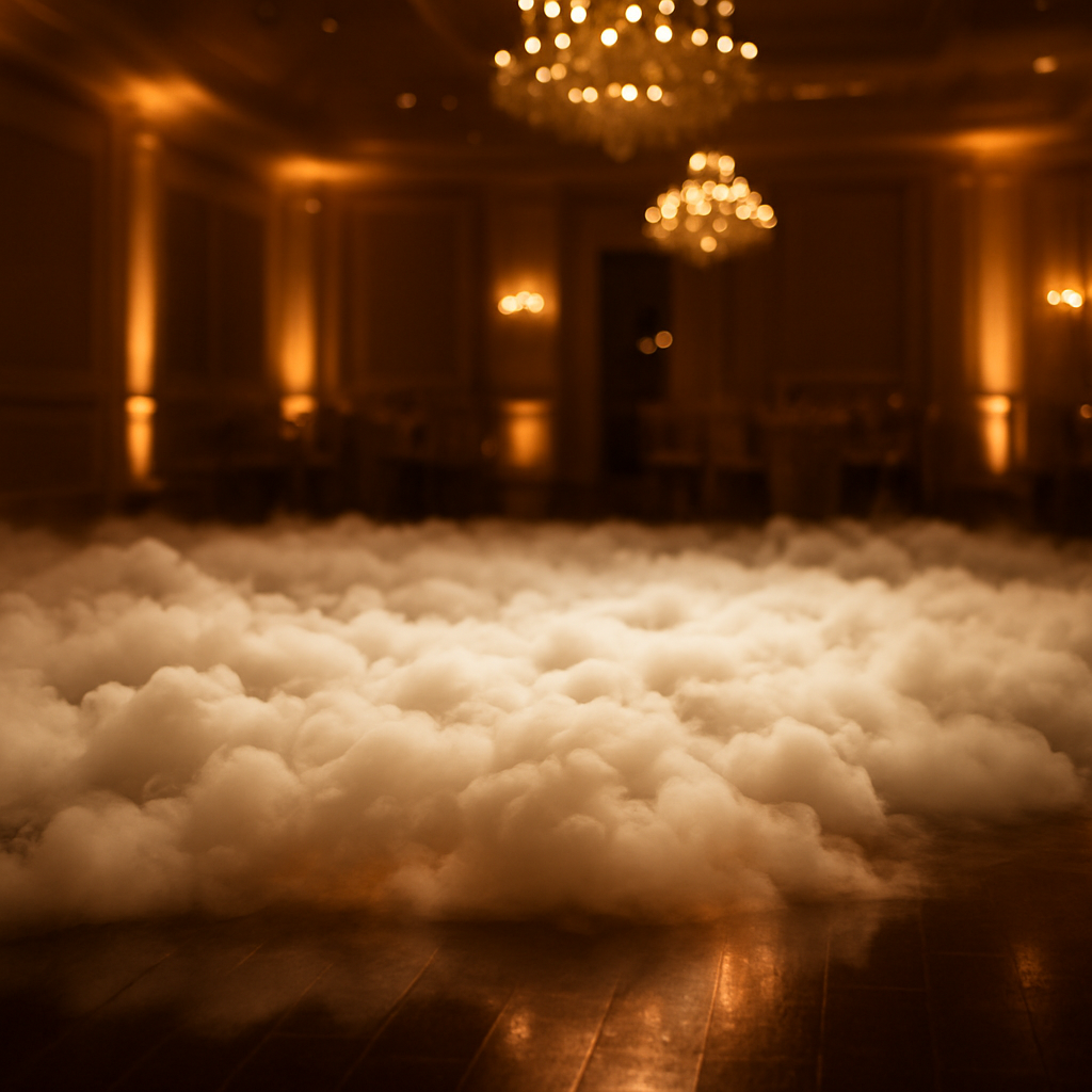 Dry-ice low-lying fog effect hovering over a luxury wedding dance floor with warm amber uplighting