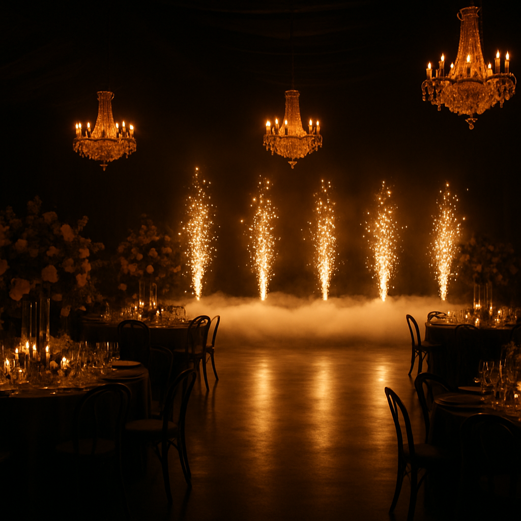 Golden cold-spark fountains and dry-ice fog at an atmospheric luxury wedding reception