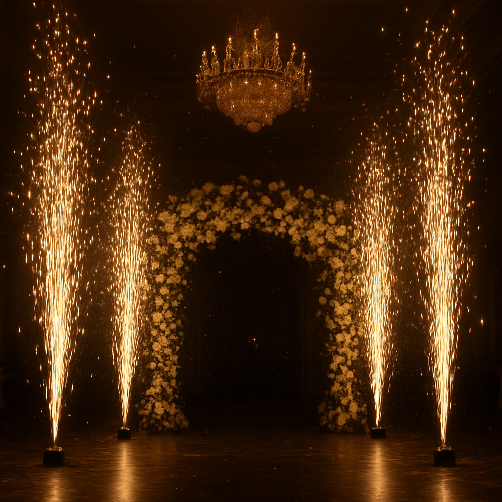 Spectacular golden fireworks and cold-spark fountains at a luxury wedding venue
