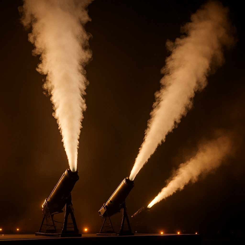 CO2 cryo jet cannon blasting white vapour upward at a luxury event against a dark background