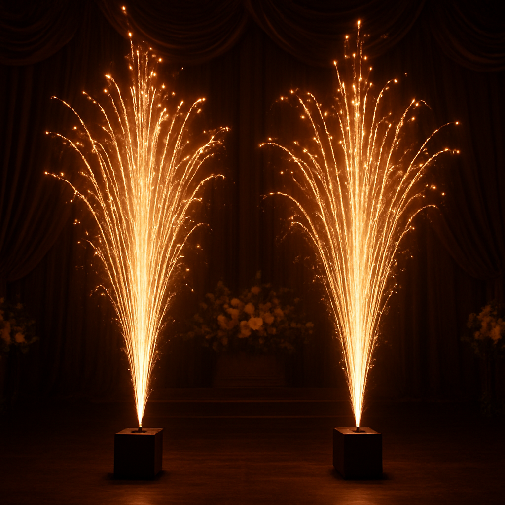 Two cold-spark fountain machines producing cascading golden sparks inside a luxury wedding venue