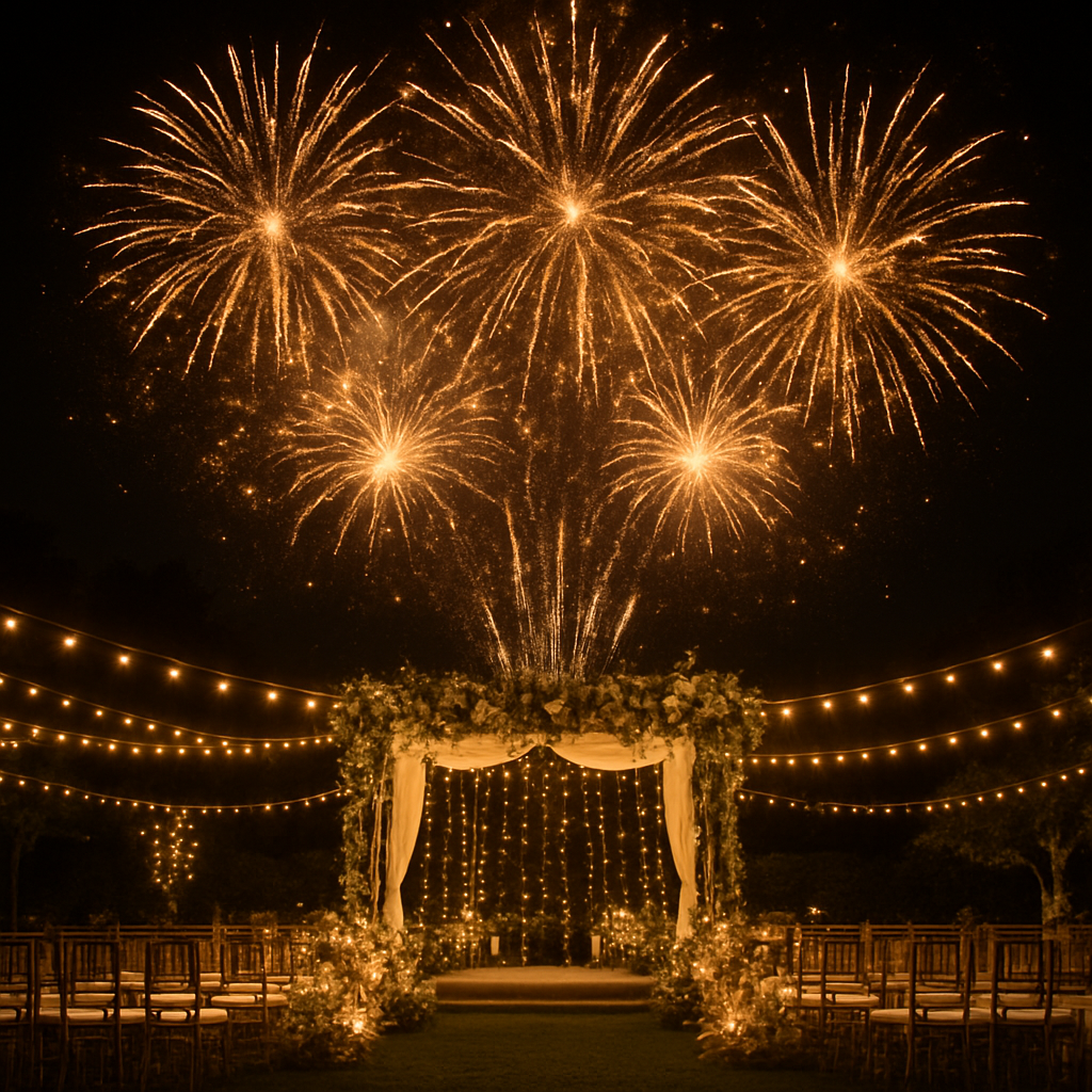 Grand golden fireworks display exploding over a luxury outdoor wedding venue at night