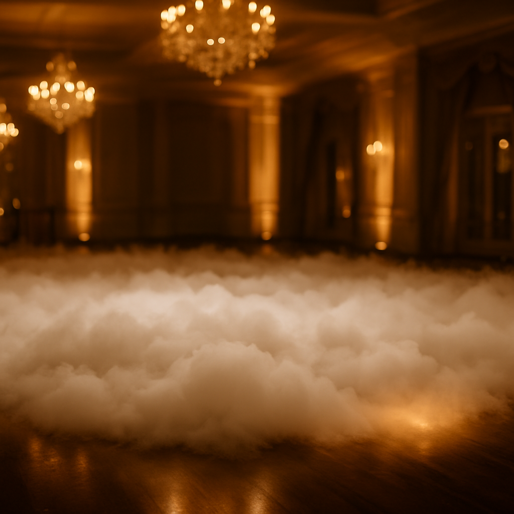 Thick white dry-ice fog hovering over a polished wedding dance floor with warm amber uplighting
